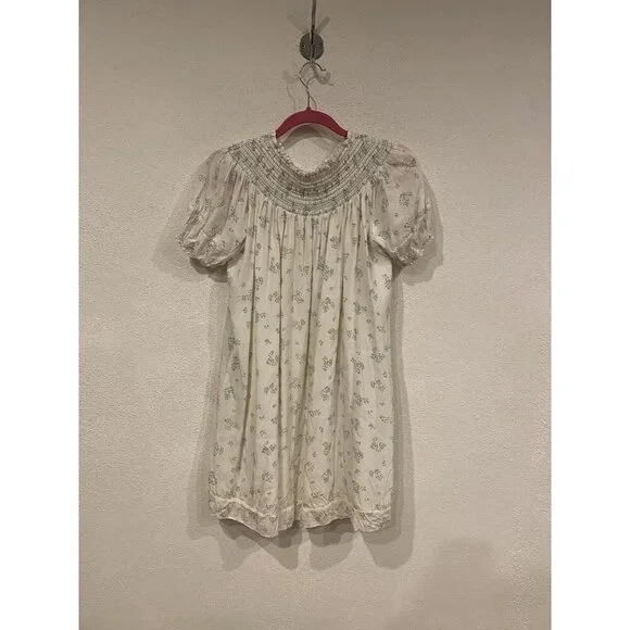 Hatch Leona Dress Womens Small Cream Green Floral Puff Sleeve Smocked Babydoll - Picture 6 of 6